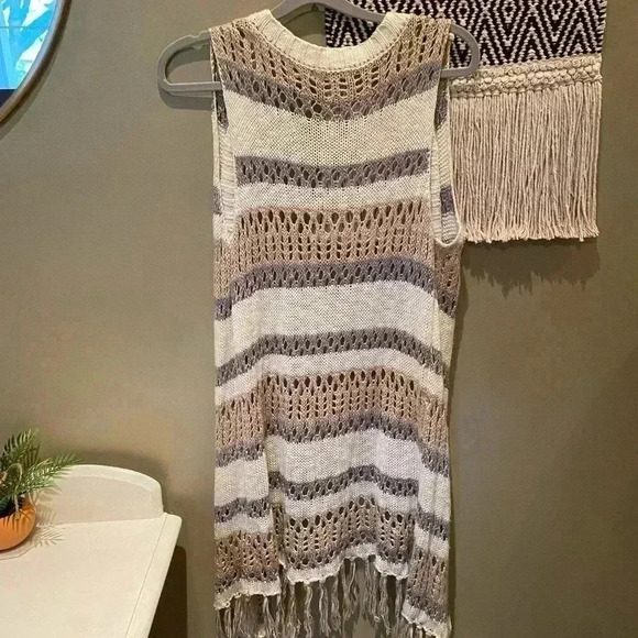 BLU PEPPER NEUTRAL KNIT CARDIGAN WITH FRINGE S - Picture 5 of 5